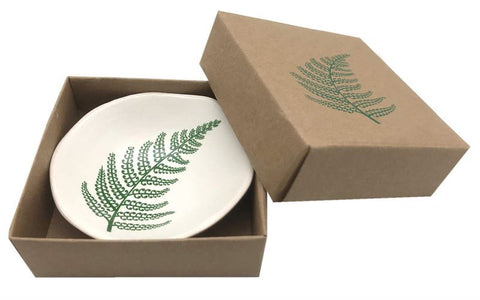 Silver Fern I, Green Fern on White  7cm Porcelain Bowl