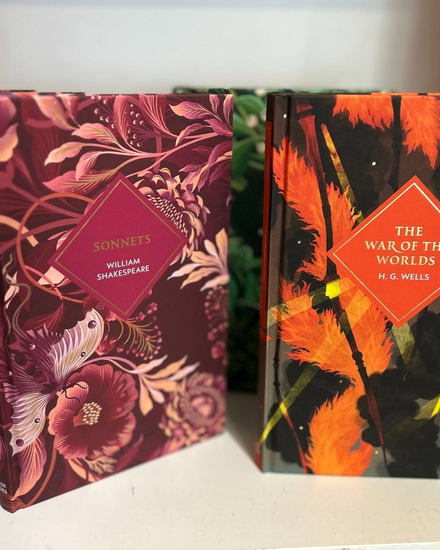 Beautifully bound classic books on a shelf
