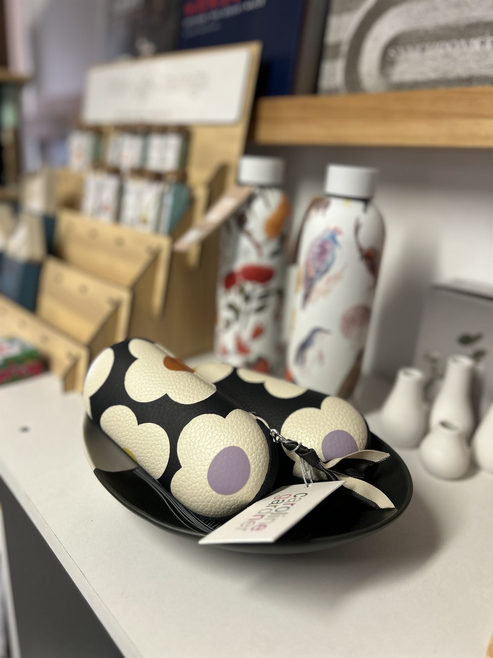 Patterned glasses case and illustrated water bottles