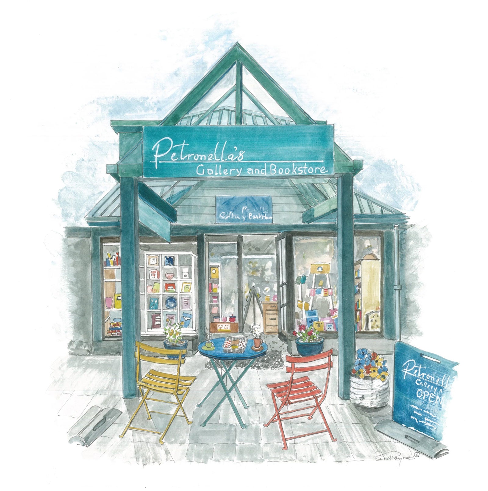 Petronella's Gallery & Bookstore — watercolour of the shopfront